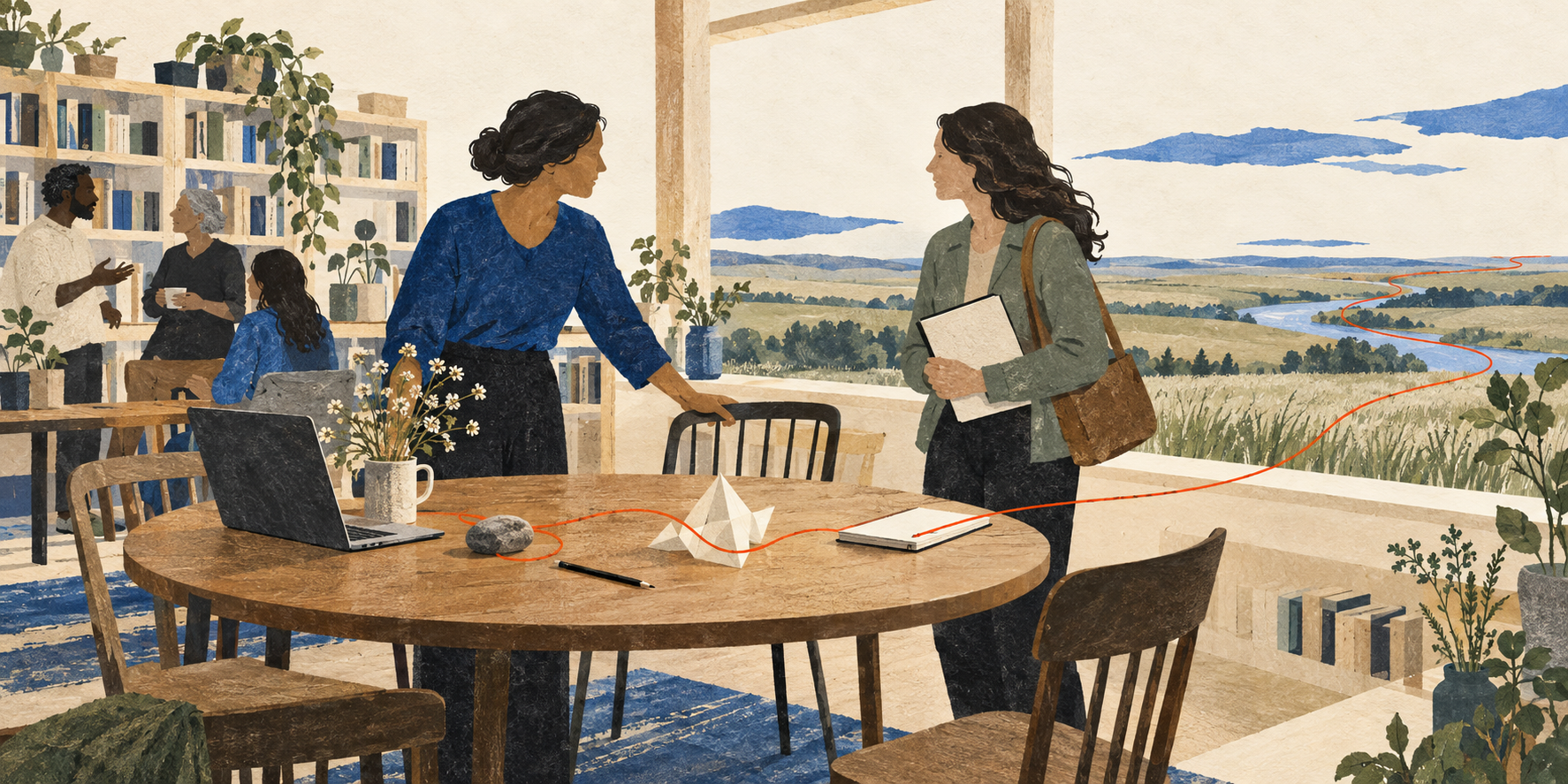 A learner pulls out a chair for someone joining a shared library table, with the prairie beyond.