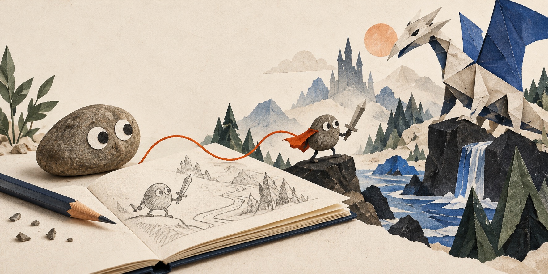 A pencil drawing of a pet rock grows into an imagined story world.