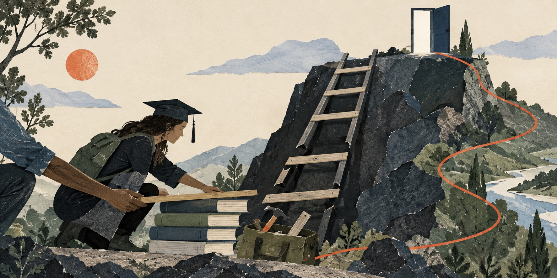 A student examines missing rungs in a ladder while building a new route upward.