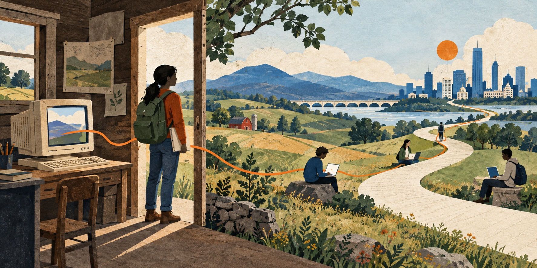 A path connects a rural classroom computer to a wider landscape of learning and opportunity.