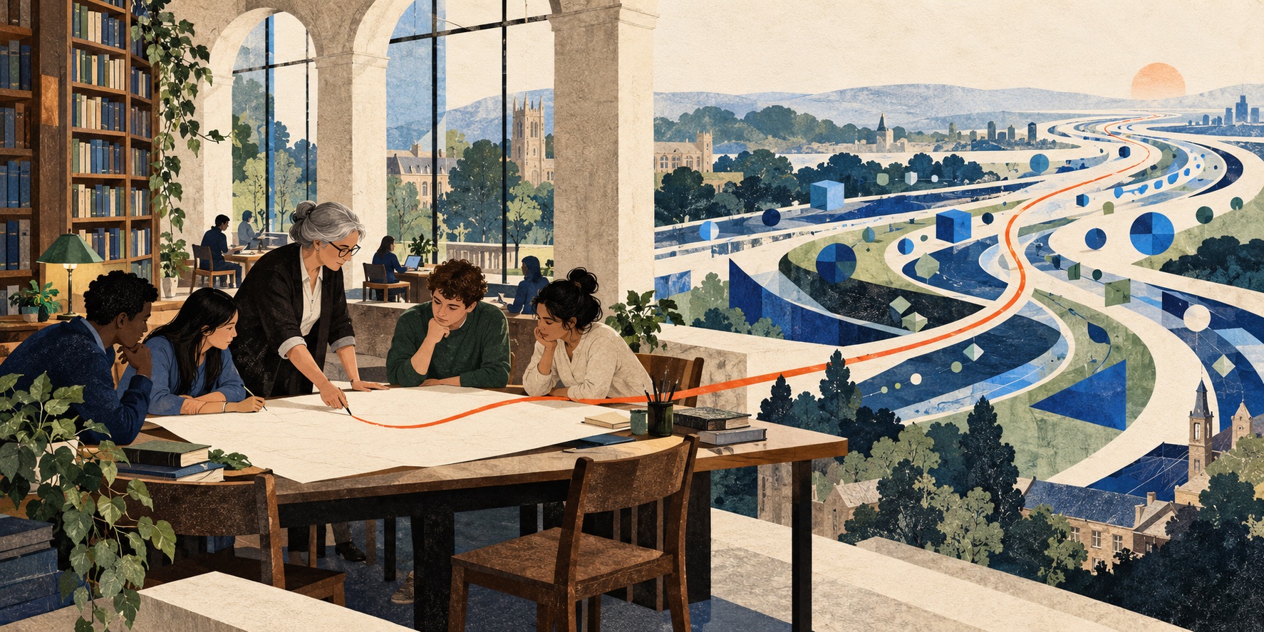 A library stands beside fast-moving streams of technological change.